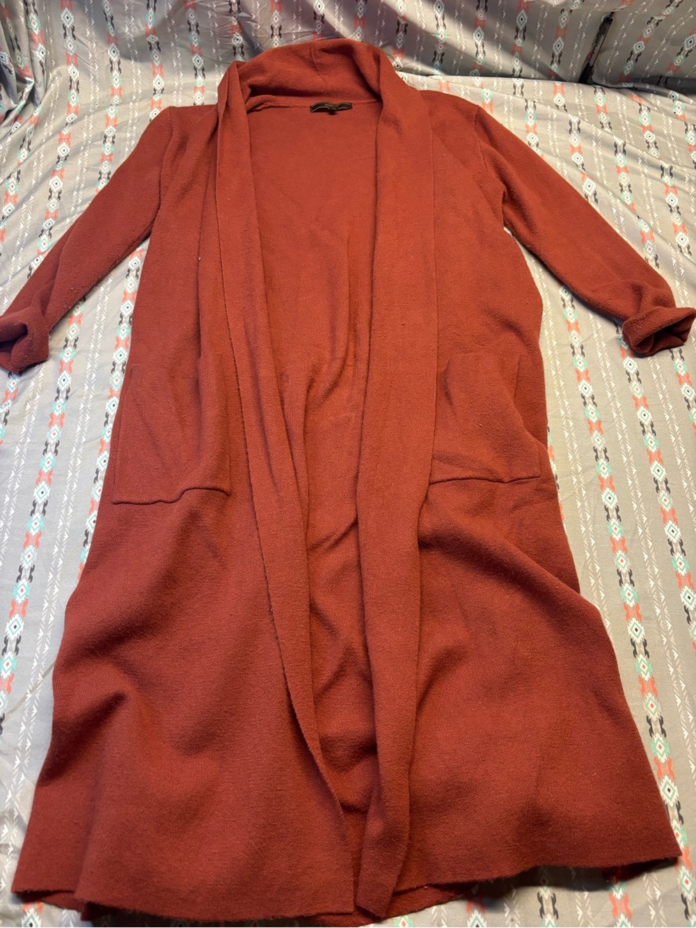 🕸️Long Open-Front Rust Orange Cardigan